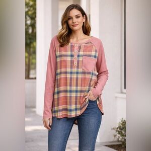 BiBi Pink Plaid Long Sleeve Top- XL